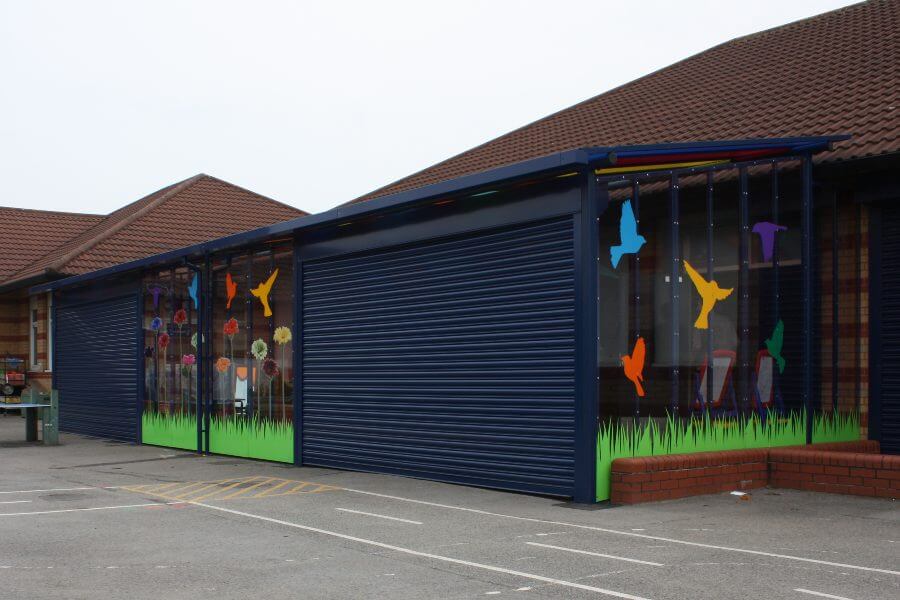 Blue Secure Canopy with Roller Shutters