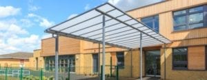Straight roof shelter we designed for Simon Balle All Through School