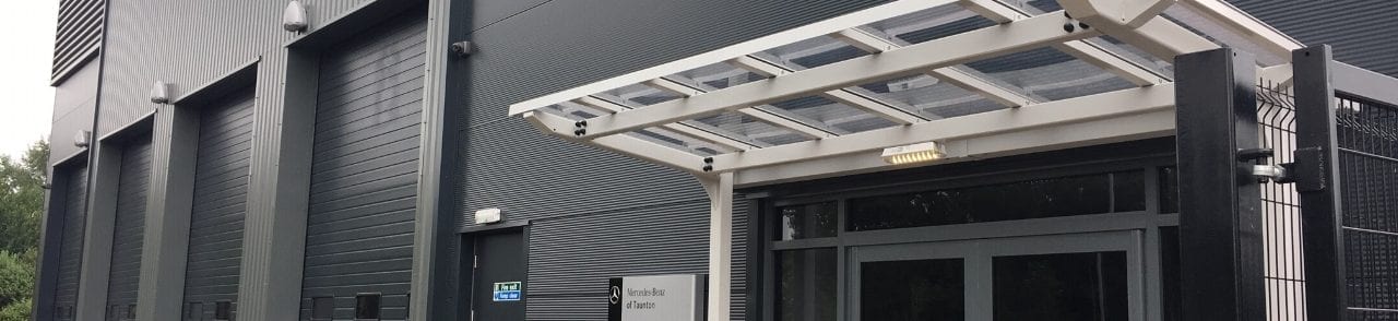 Straight roof canopy we designed for Mercedes Benz Dealership