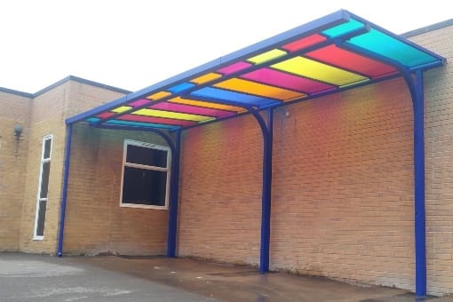 Multicoloured roof canopy we designed for Billing Brook School