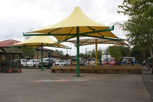 Yellow umbrella canopies we installed at Westmorland School