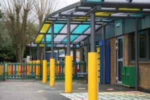Bespoke multicoloured shelter we designed for Oundle School