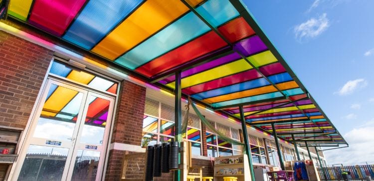 Colourful shelter we designed for Zaytouna Primary School