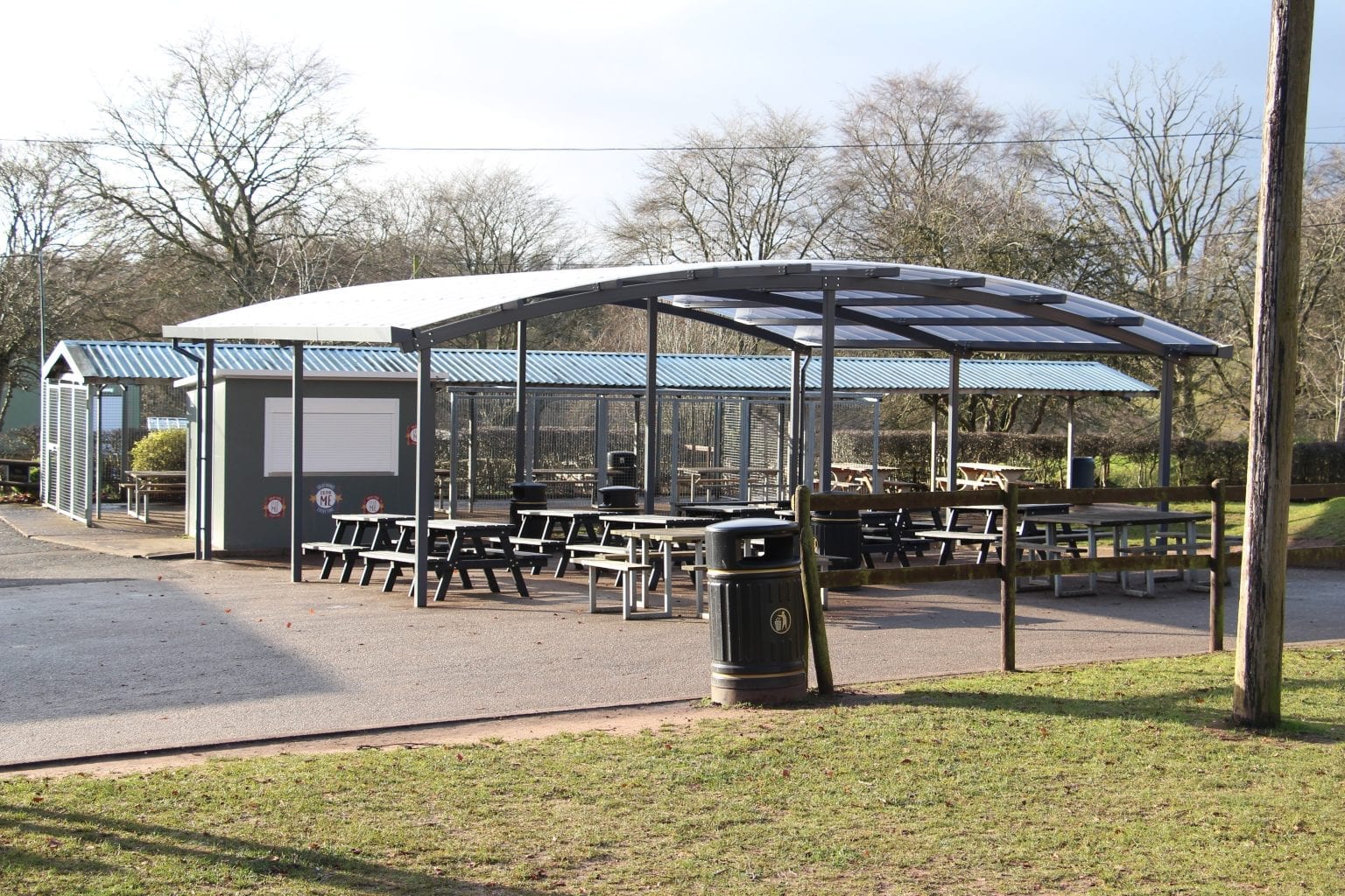 Curved roof dining canopy we installed at Wolverley CE School