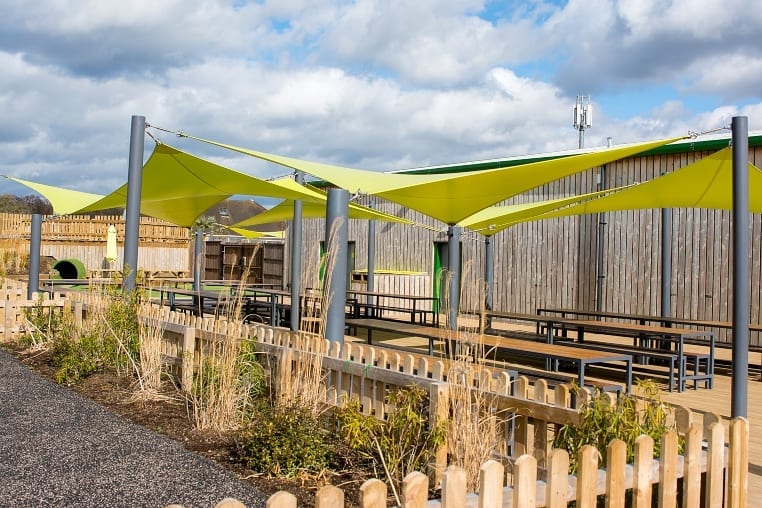 Green fabric shade sails we fitted at Chobham Adventure Farm