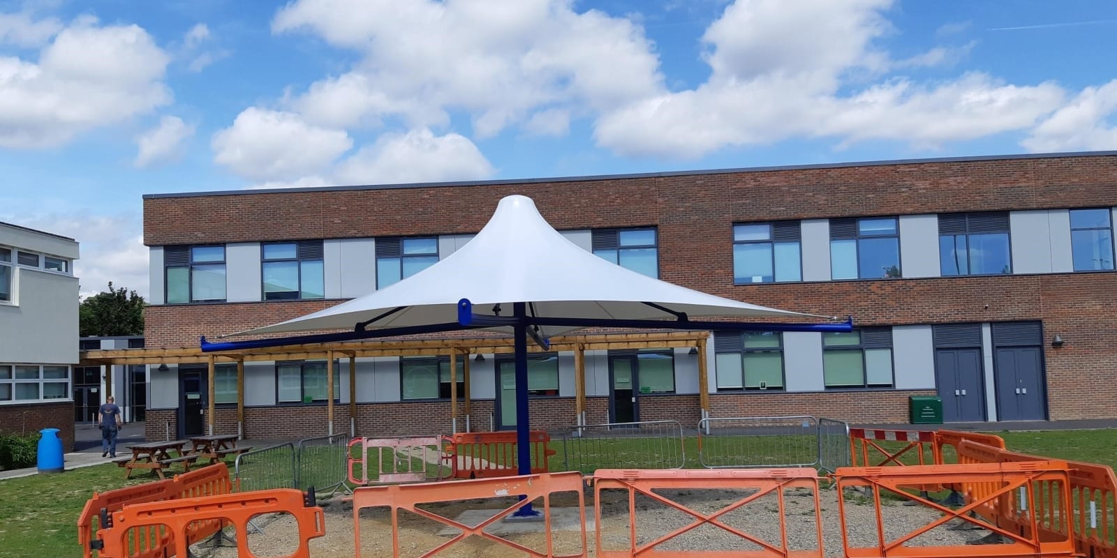 Fabric umbrella canopy we made for Charters School