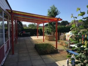 Colourful shelter we designed for Ranvilles Infant School