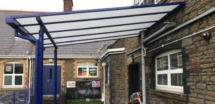 Blue canopy we designed for St Helen's Primary School