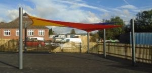 Shade sail we installed at Hugglescote Primary School