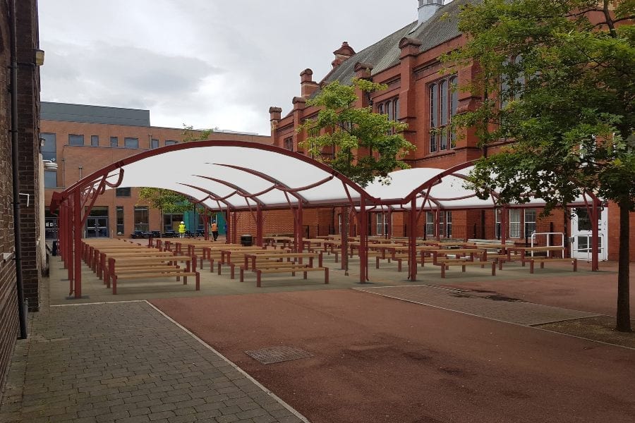 Large dining area canopy with fabric roof