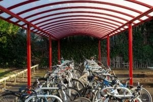 Curved roof cycle shelter we designed for Myton School