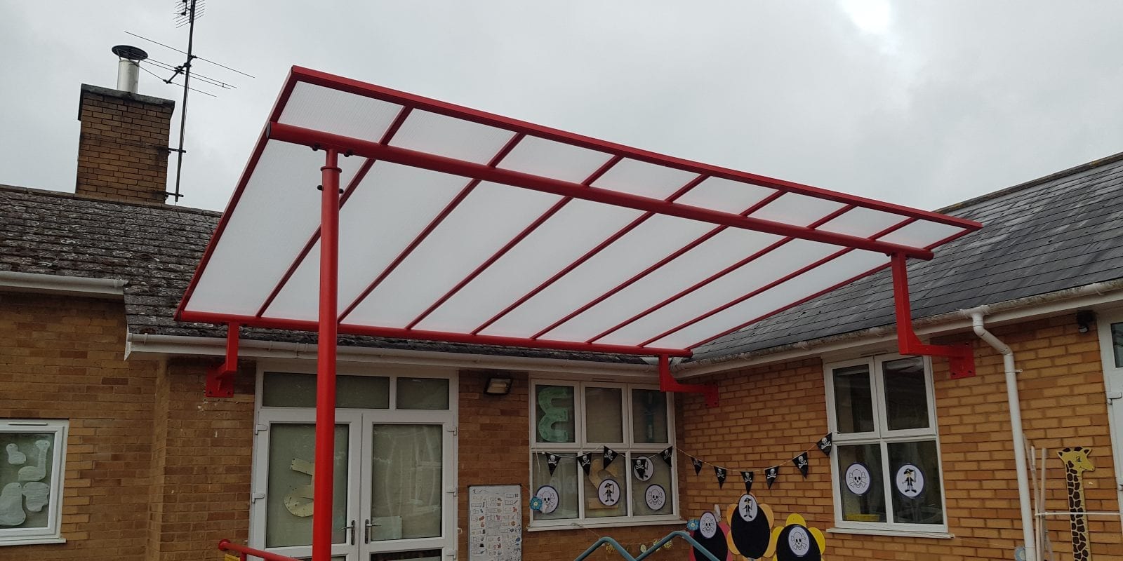 Straight roof shelter we made for Corbett Primary School