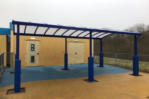 Blue shelter we designed for Bettws Flying Start Playgroup