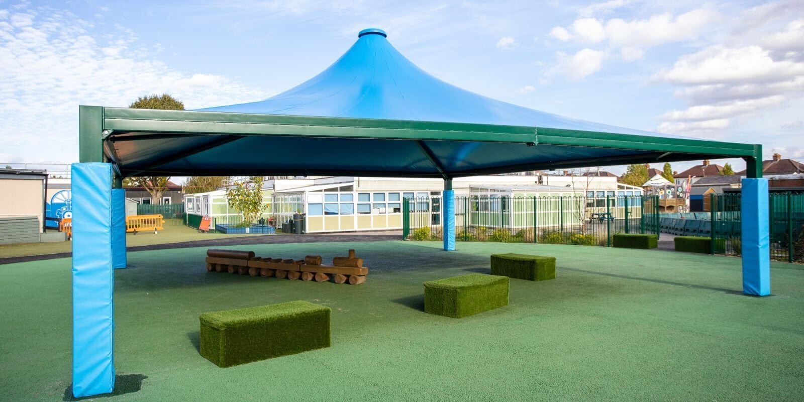 Blue tepee shelter we fitted at Hedgewood School