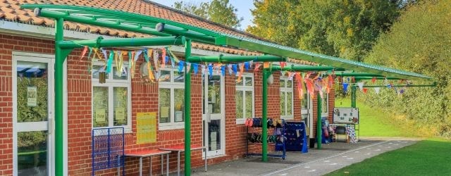 Green cantilever canopy we designed for Bishop Stortford School
