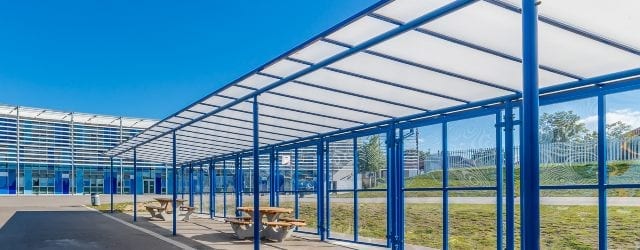 Covered walkway canopy we designed for Haberdashers Aske Knights Academy