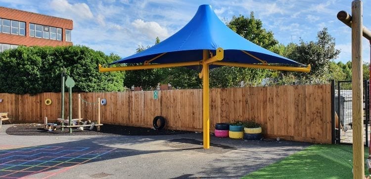 Blue fabric umbrella canopy fitted at Charles Darwin Primary School