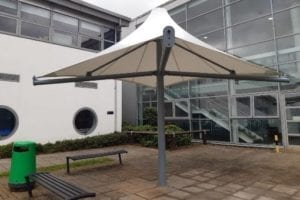 Fabric umbrella shelter we made for The Education Village