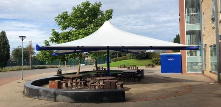 White fabric canopy we designed for Stockport Academy