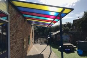 Colourful canopy we designed for Hatfield Peverel School