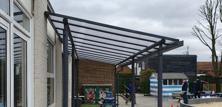 Straight roof play area canopy we made for Warley Primary School