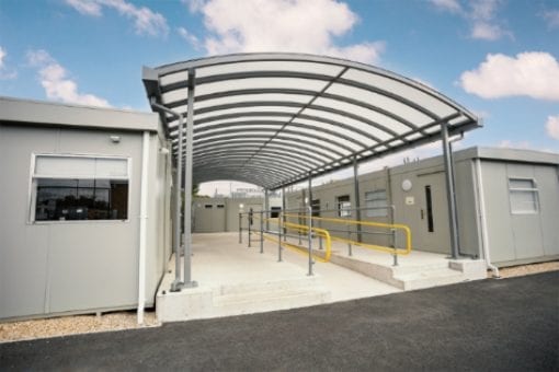 Walkway shelter we manufactured for Wareham Recycling Centre