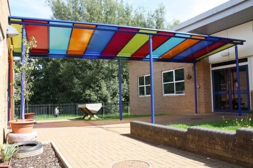 Colourful shelter we designed for Billing Brook Academy