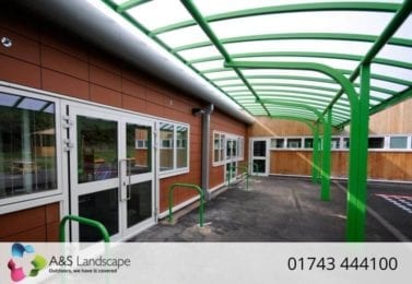 Green cantilever canopy we made for Ysgol Bro Alun