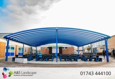 Curved roof dining shelter we made for Tewkesbury School