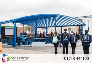 Curved roof dining shelter we installed at Tewkesbury School