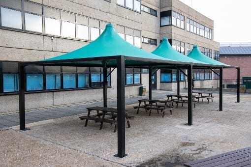 Green tepee canopies we designed for Shooters Hill College
