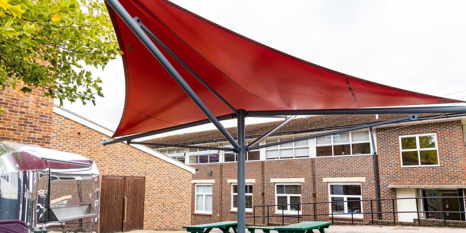 Red fabric canopy we fitted at Hillview School for Girls