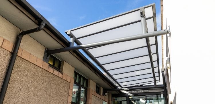 Bespoke entrance canopy we designed for Plas Meddyg Surgery