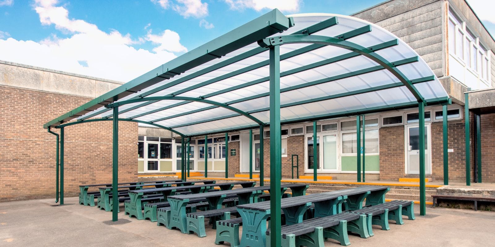 Green frame shelter at St Peter's High School