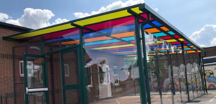 Colourful roof canopy we installed at Sherrier C of E Primary School