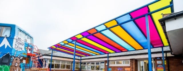 Colourful playground shelter we designed for Old Church C of E Primary School