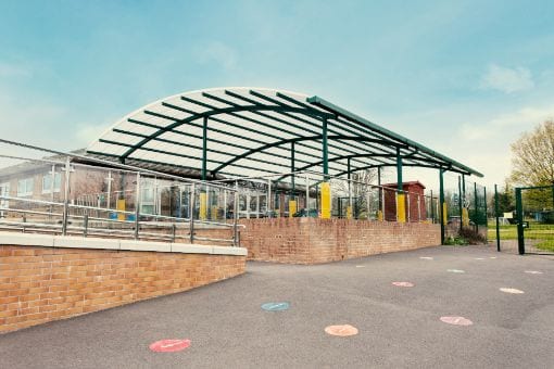 Green frame shelter we fitted at Bickleigh Down Primary School