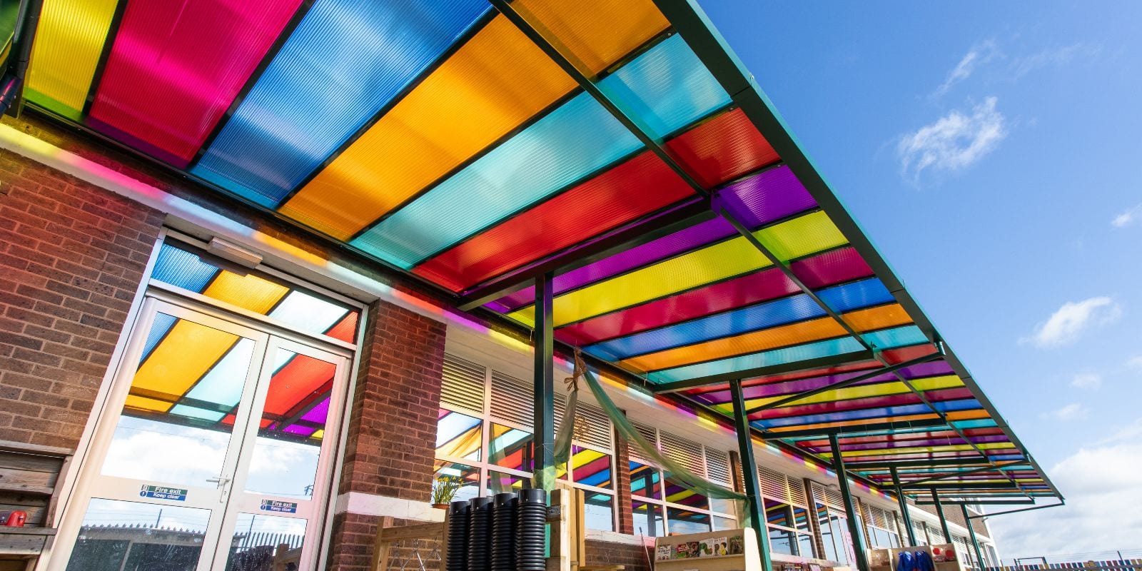 Multicoloured roof canopy we designed for Zaytouna Primary School