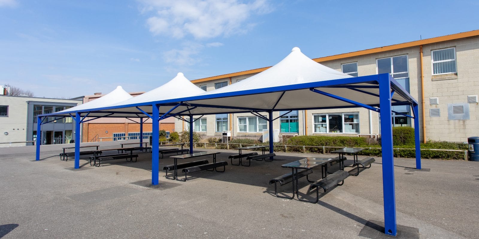 Dining canopies we installed at The Harvey Grammar School