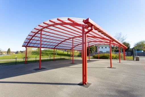Red frame shelter we manufactured for King Edward Sheldon Heath Academy