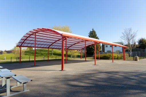 Red frame shelter we created for King Edward Sheldon Heath Academy