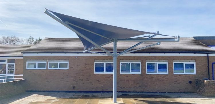 Blue fabric canopy we designed for Brushwood Junior School