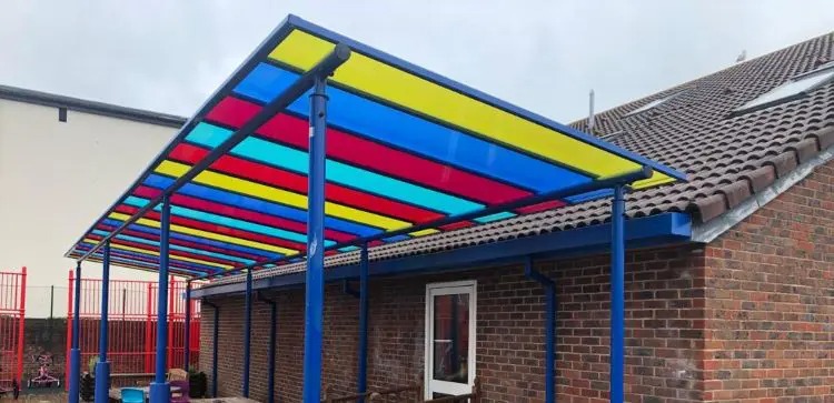 Coloured polycarbonate canopy we designed for The Spring Centre