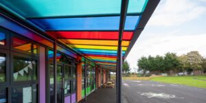 colourful-roof-shelter-allscott-primary-school colourful roof canopy